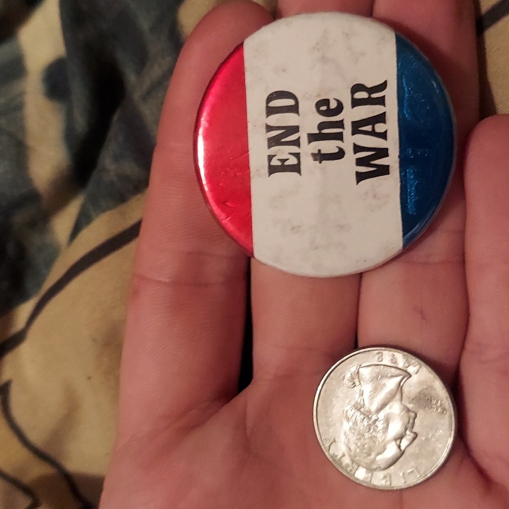 1970s political button with same desperate message we are sending today.